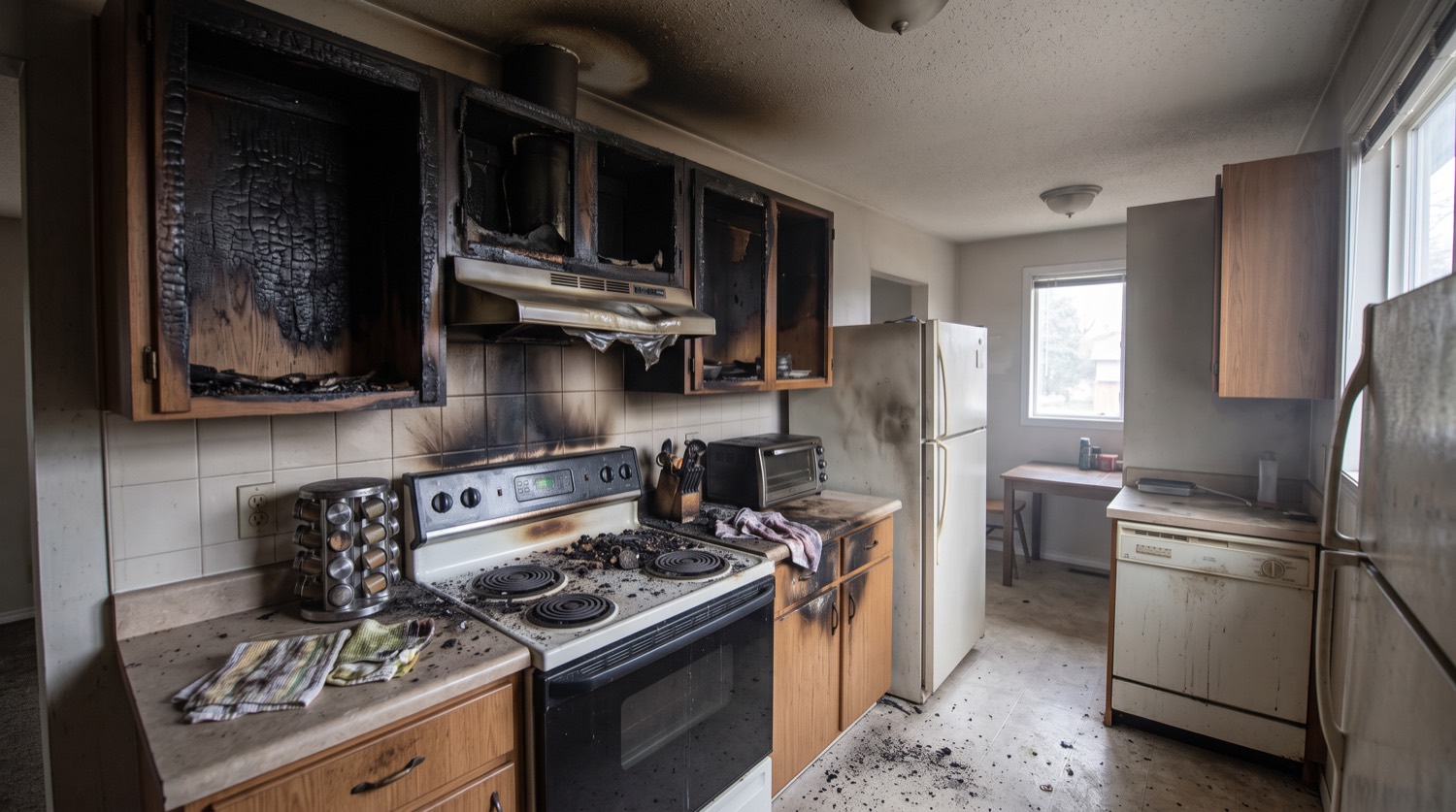 Grease fire above a kitchen range, the damage as found on arrival
