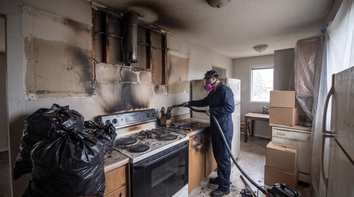 Grease fire above a kitchen range, stabilize stage of the restoration