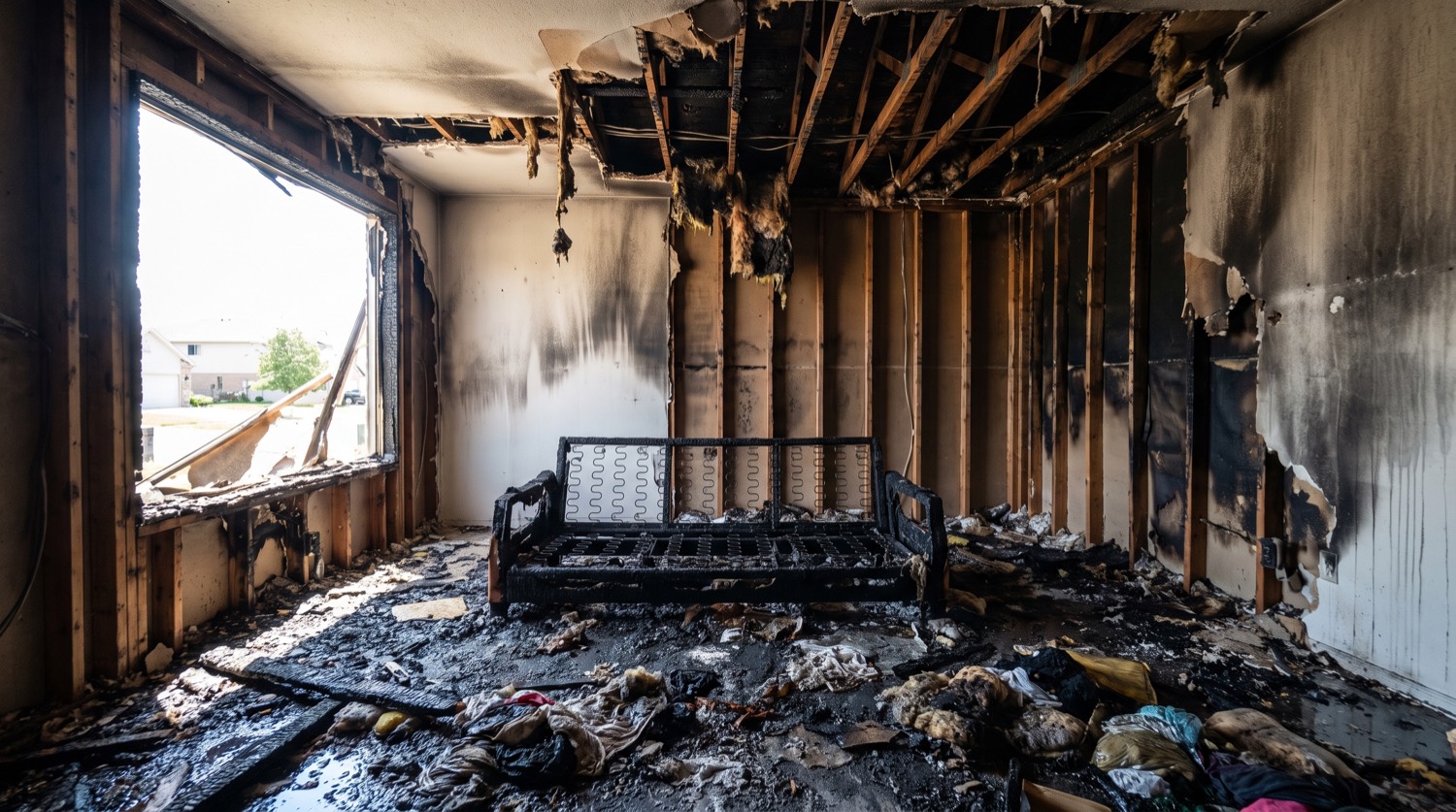 Structure fire in a living room, the damage as found on arrival