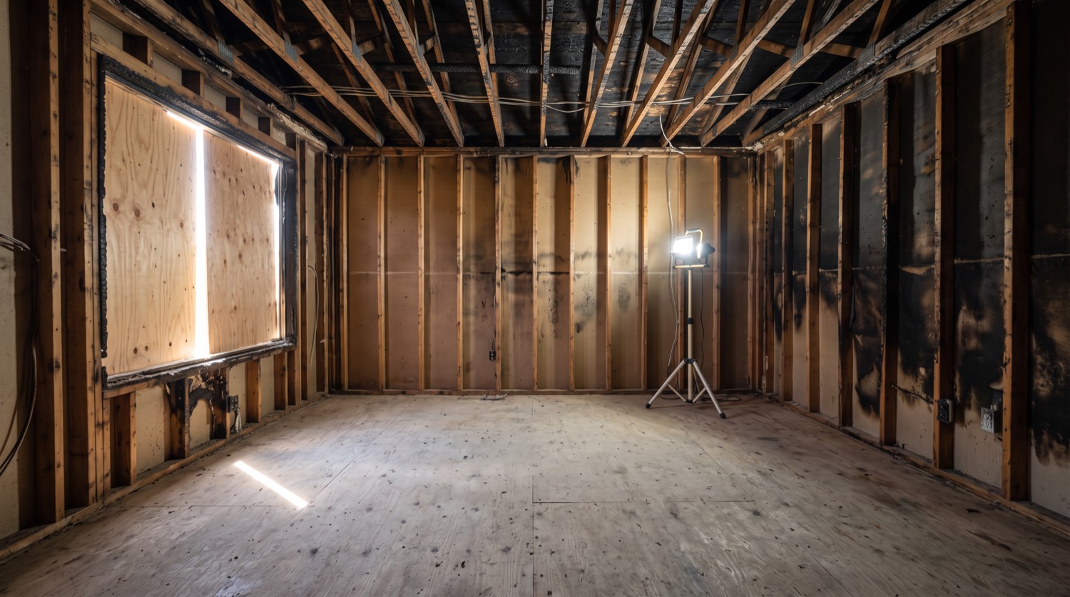 Structure fire in a living room, demolish stage of the restoration