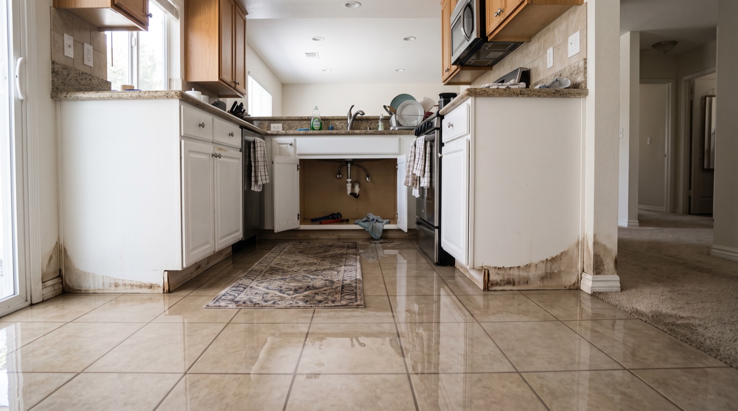 Burst supply line under a kitchen sink, the damage as found on arrival