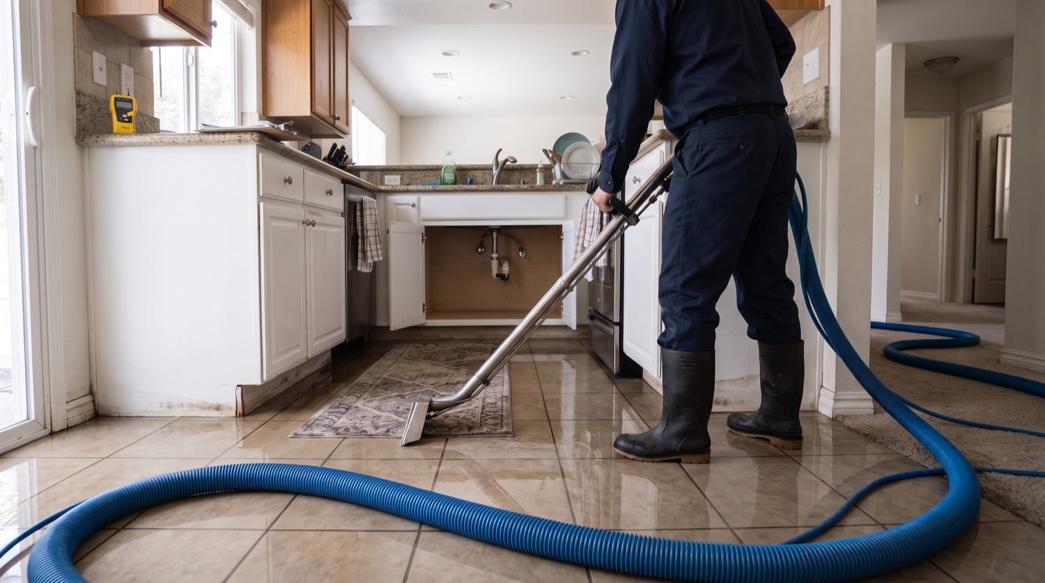 Burst supply line under a kitchen sink, extract stage of the restoration