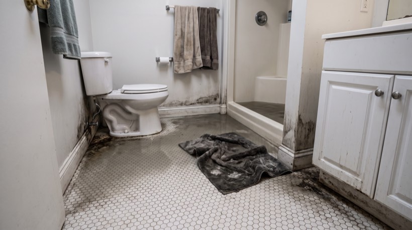 Sewage backup through a bathroom floor: as found