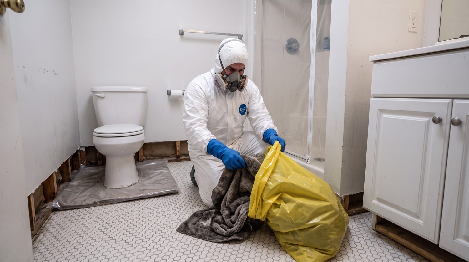 Sewage backup through a bathroom floor, contain stage of the restoration