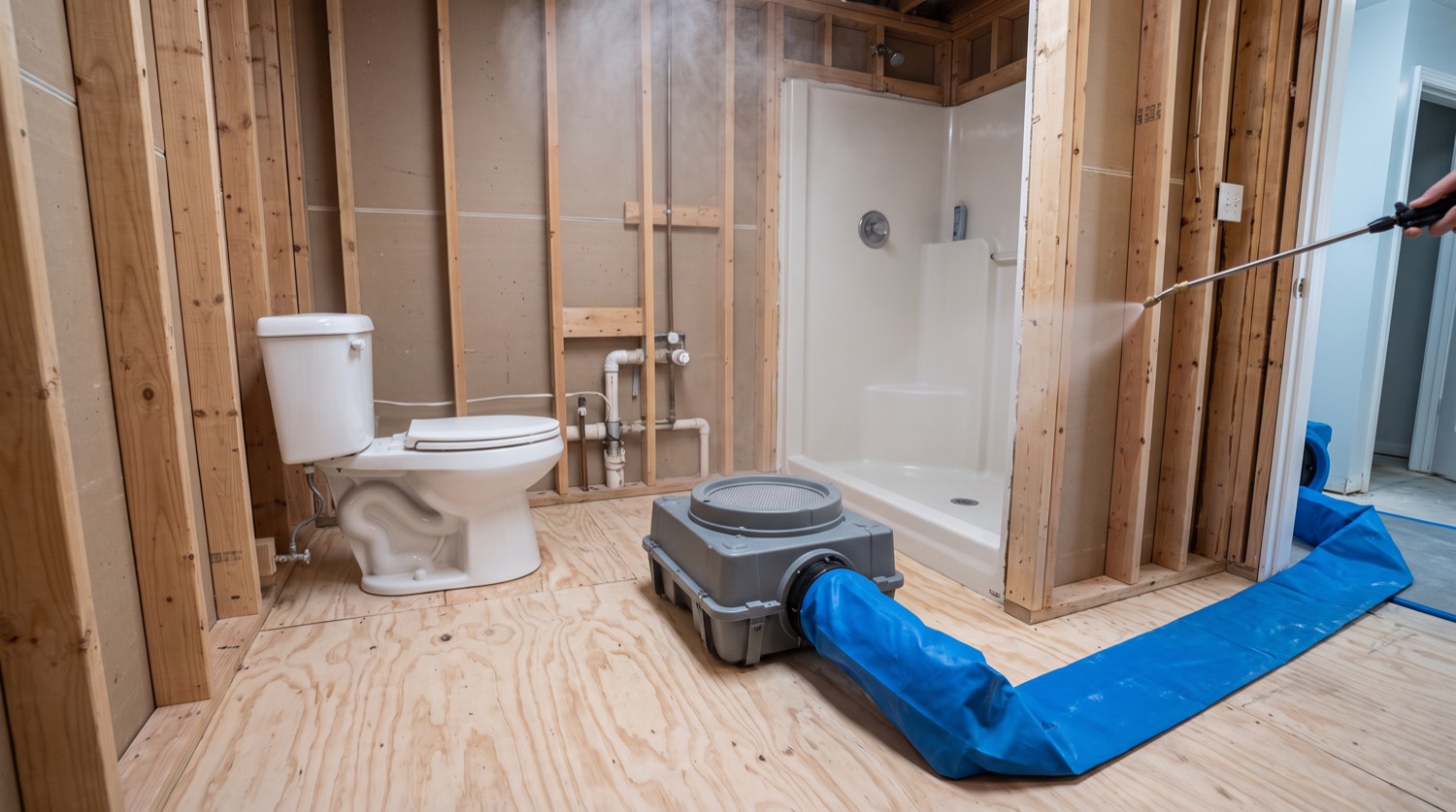 Sewage backup through a bathroom floor, sanitize stage of the restoration