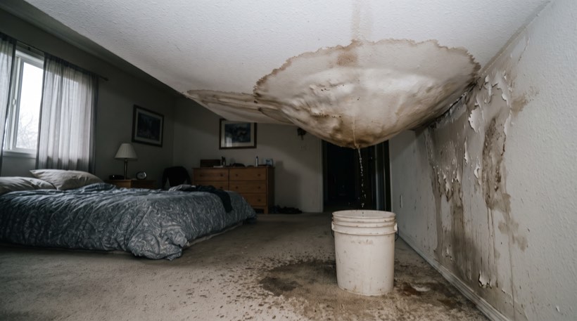Storm roof leak into a bedroom ceiling: as found