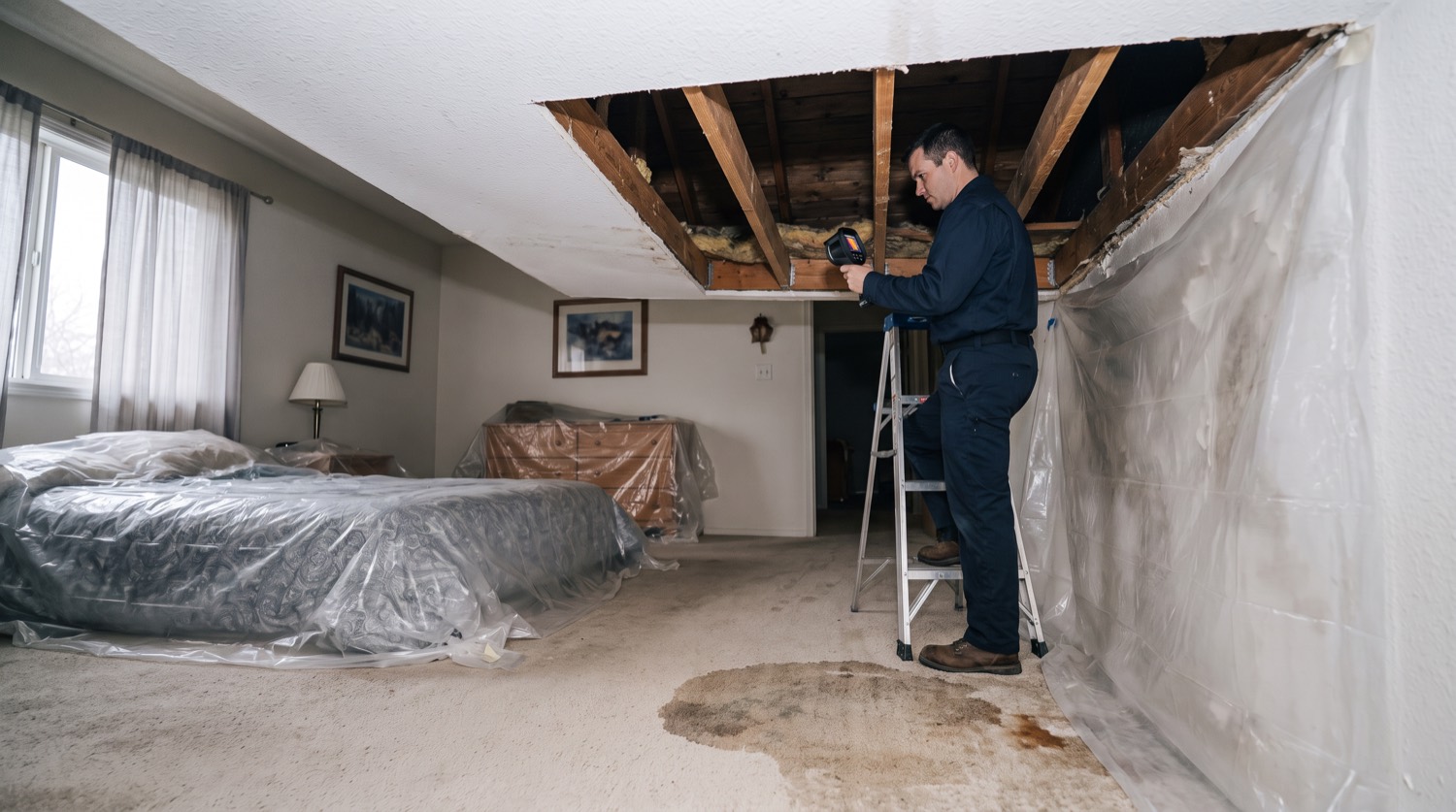 Storm roof leak into a bedroom ceiling, dry in stage of the restoration