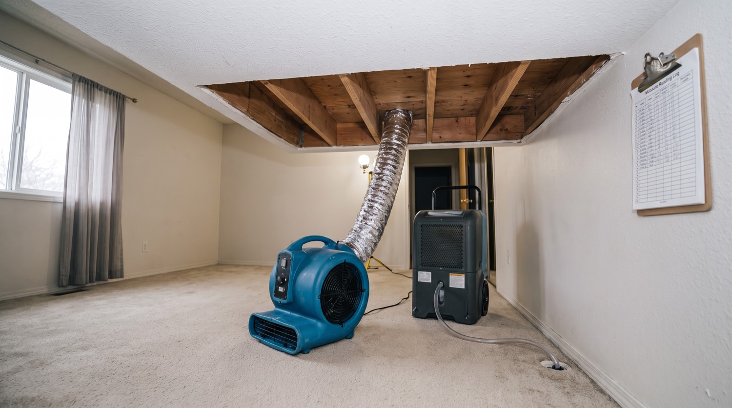 Storm roof leak into a bedroom ceiling, dry stage of the restoration