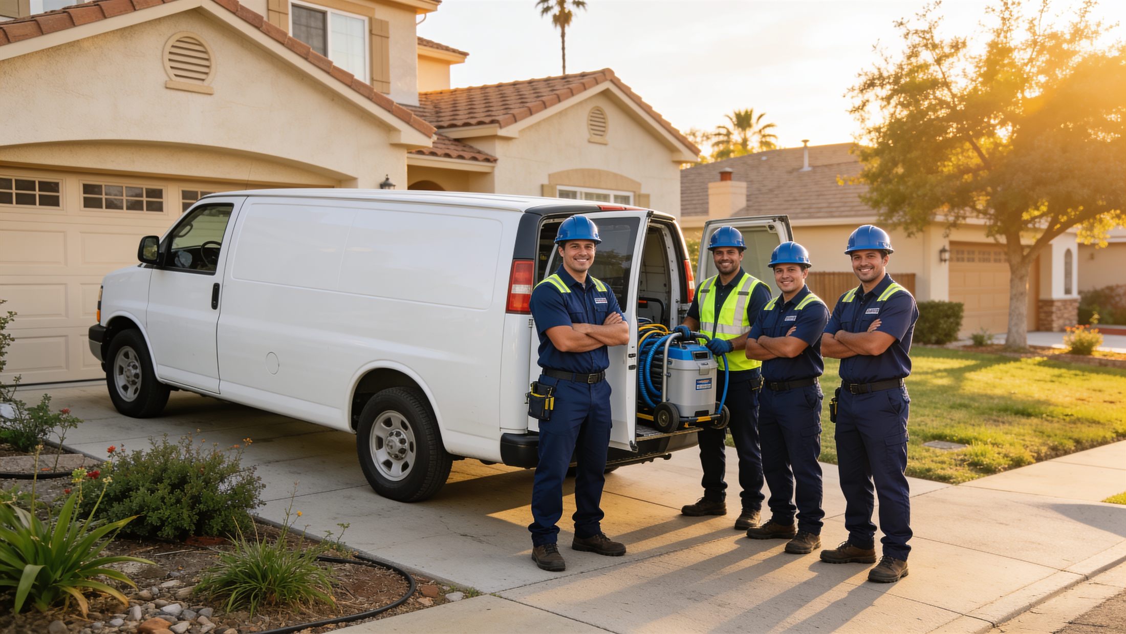 A restoration crew unloading drying equipment from a work van outside a home
