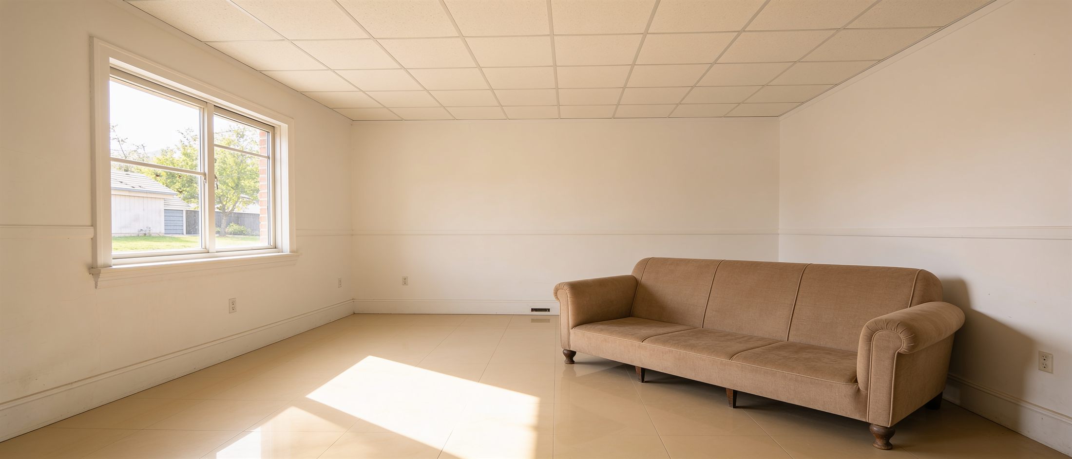 The same living room fully restored: new drywall, clean floors, a new intact window