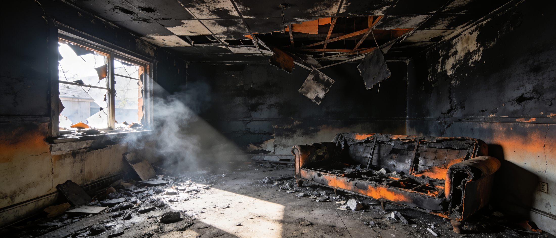 Living room after a house fire: charred walls, collapsed ceiling, debris