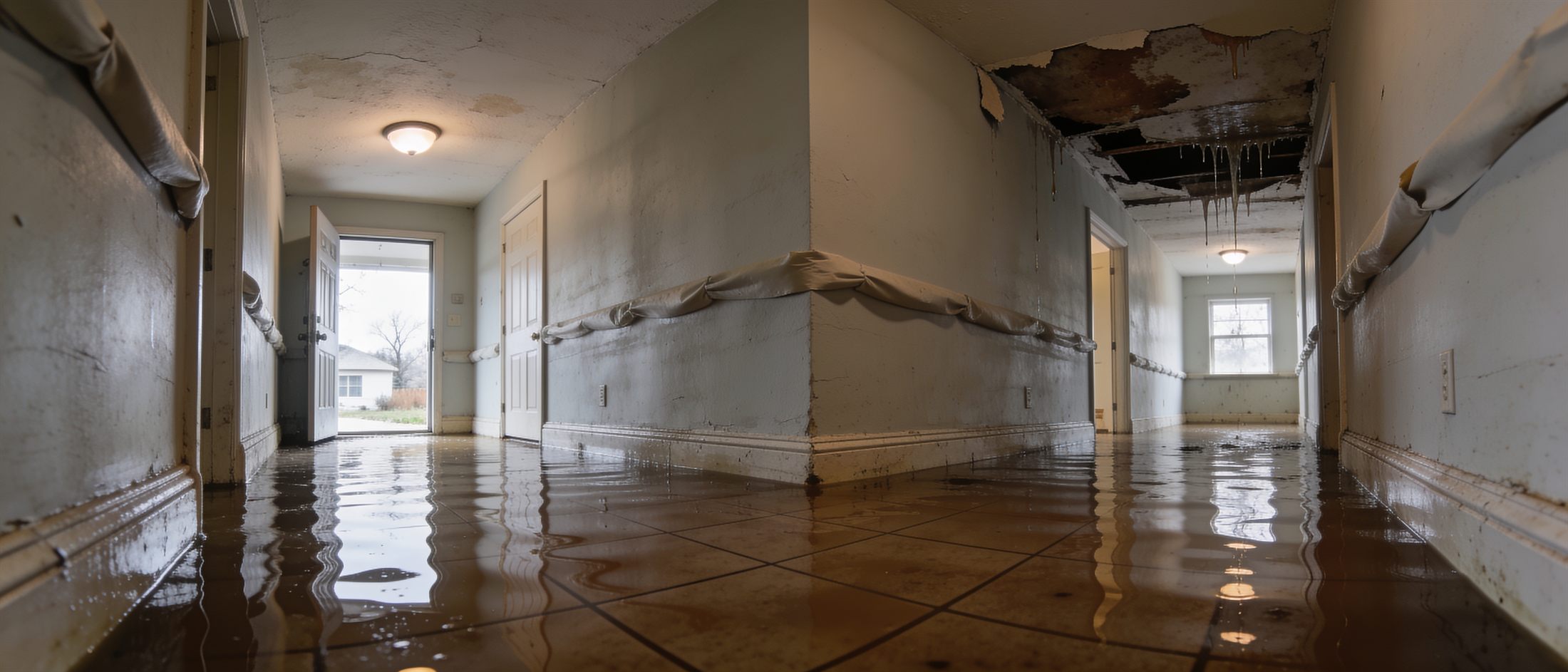 Flooded hallway with standing water and a water-stained ceiling