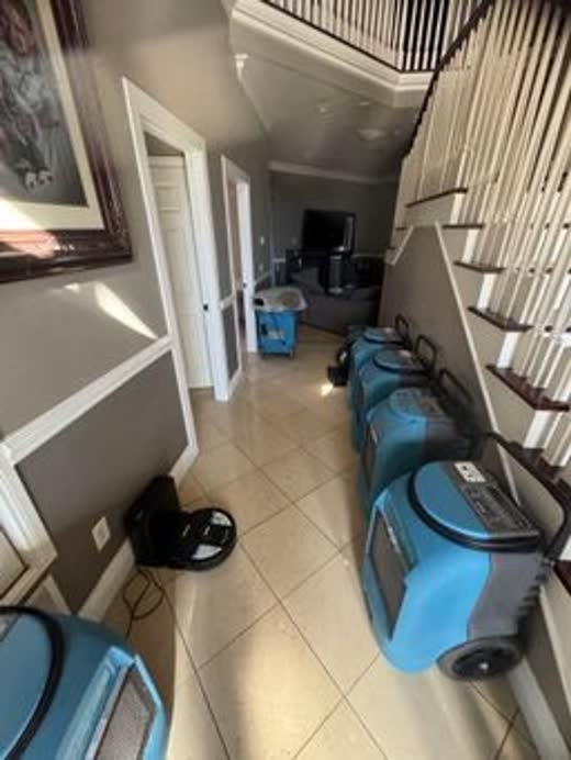 Air movers and an LGR dehumidifier down a hallway